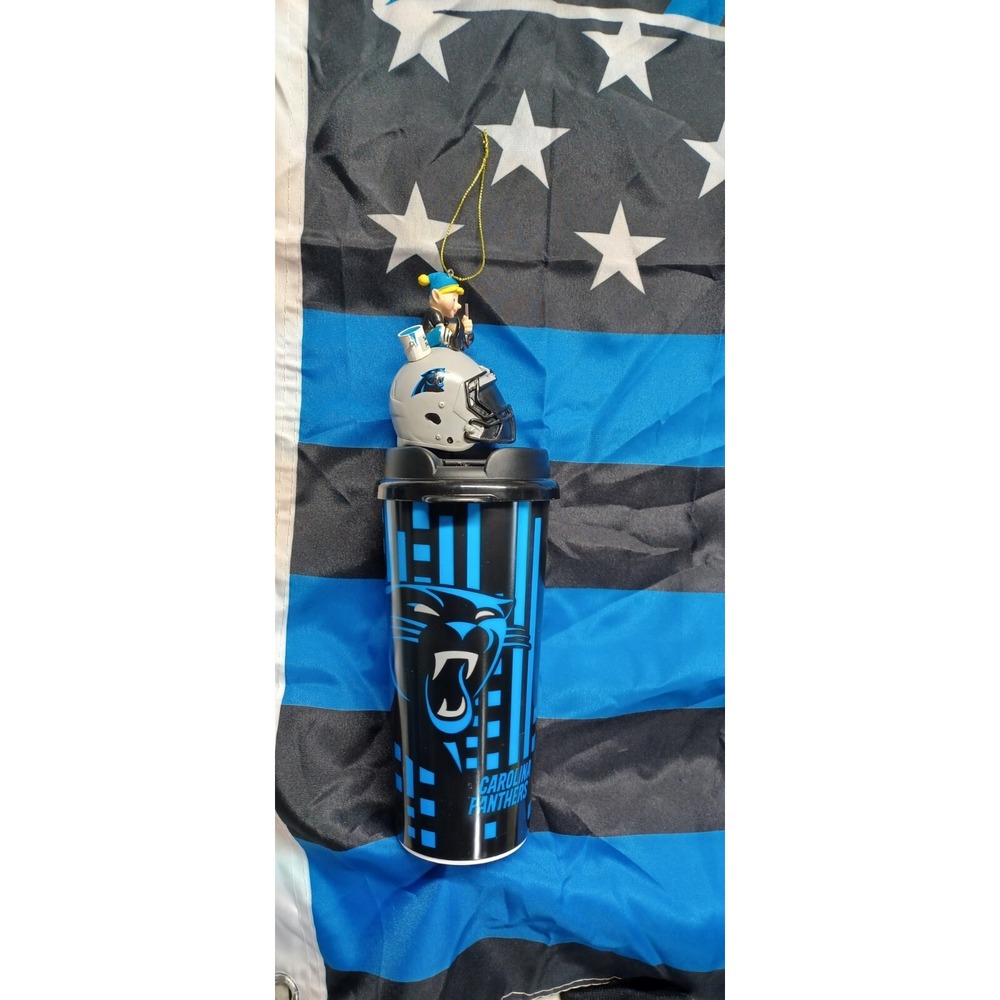Carolina Panthers Lot large Flag, Christmas Ornament, Cup, Gloves, and Key Chain